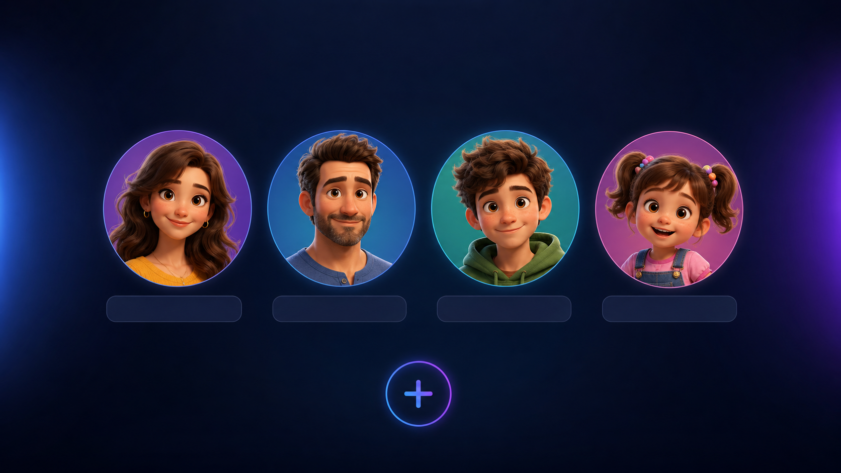 Example media app profile selection screen with round animated family avatars
