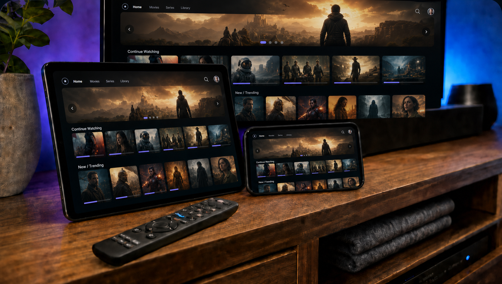 Example media app experience synced across television, tablet and phone